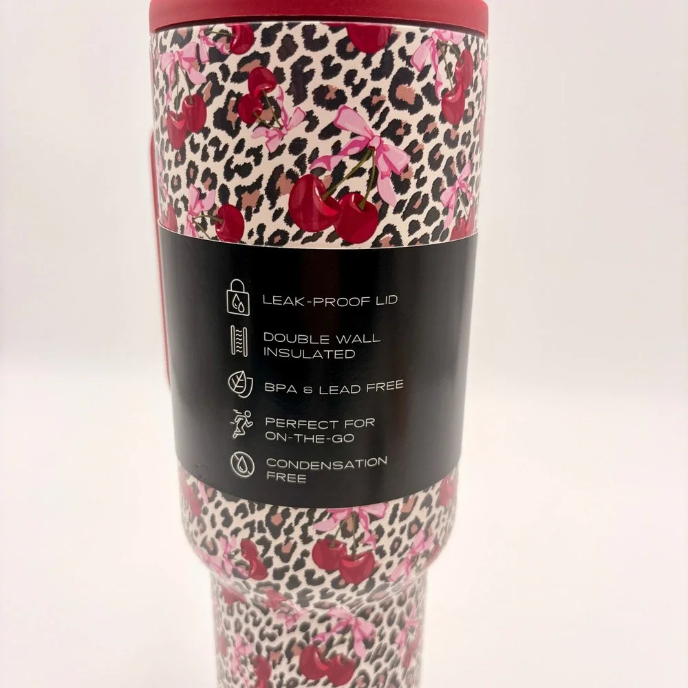 Steve Madden Leopard Cherry Bow Insulated Stainless Steel Tumbler with Charms